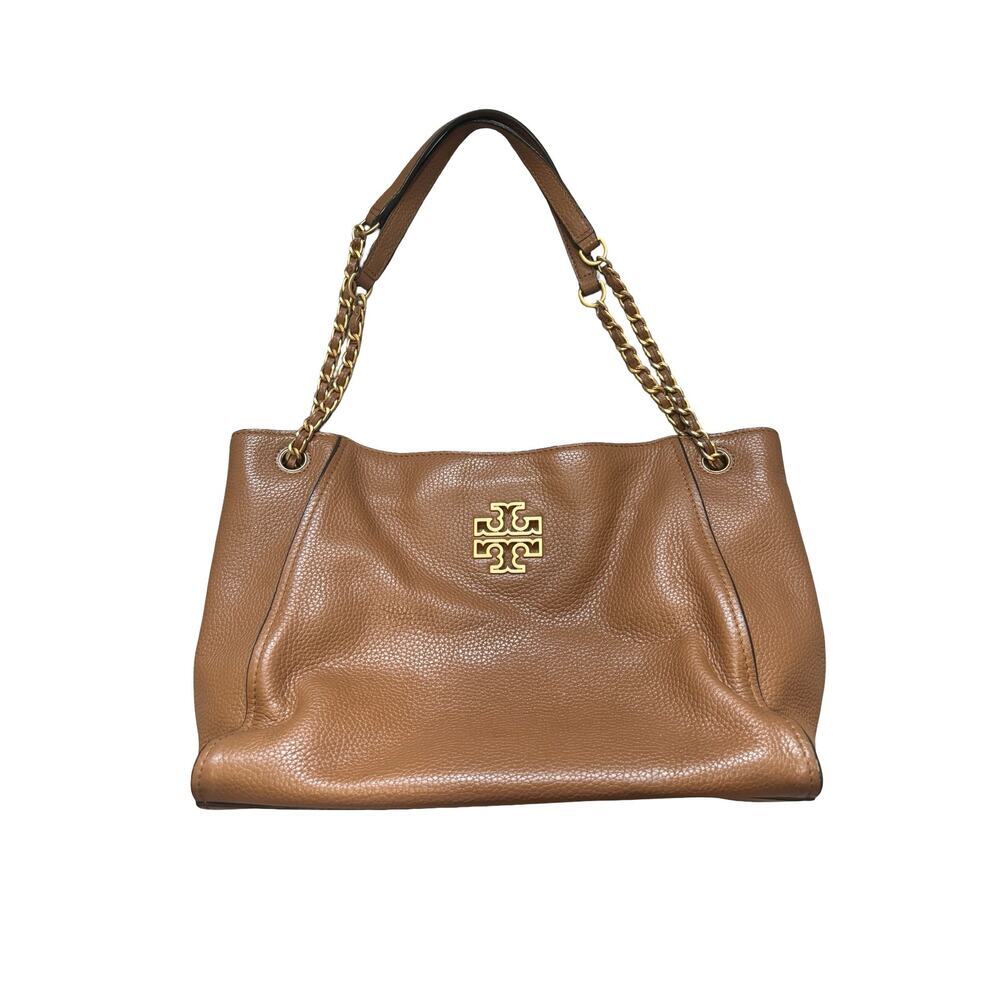 Tory Burch Brown Pebbled Leather Chain Tote Shoulder Bag